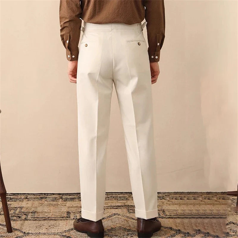 Trousers office business social club pants in beige displayed on model from back.