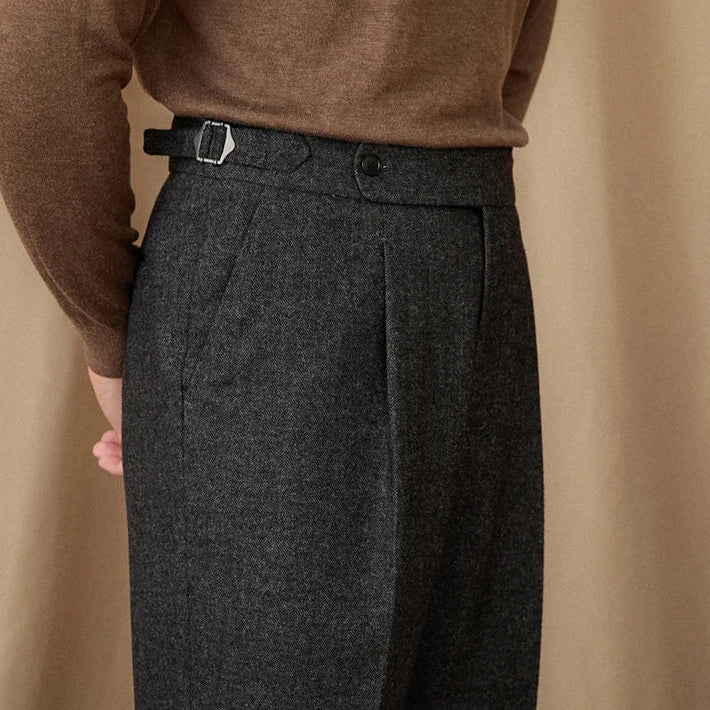 Wool winter Italian trousers in dark grey, showcasing elegant tailoring and luxury fabric.