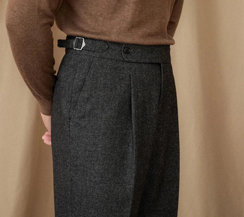 Wool winter Italian trousers in dark grey, showcasing elegant tailoring and luxury fabric.