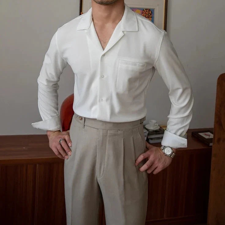 Turn-down collar shirt for men in white, smart casual style, polyester broadcloth fabric.