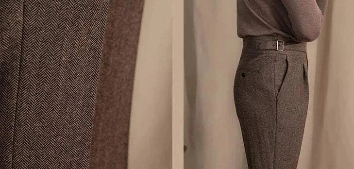 Antonios vintage wool herringbone pants, smart casual style.