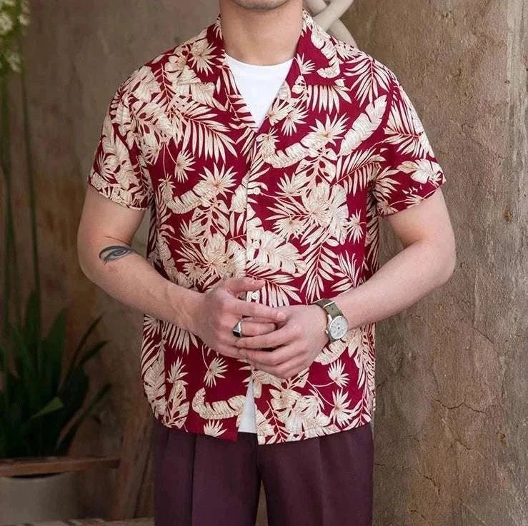 Men's vintage Hawaiian flower shirt, red and white floral pattern, short sleeves, casual summer wear.