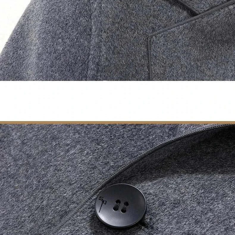 Close-up of Woolen business long coat in gray polyester fabric with button detail.