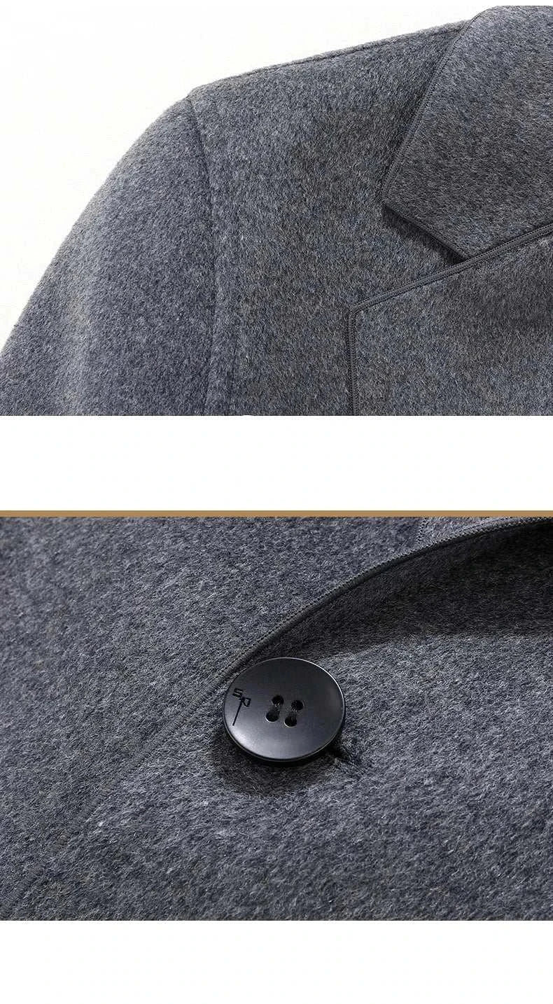 Close-up of Woolen business long coat in gray polyester fabric with button detail.
