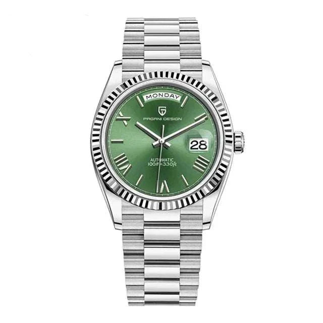 Business stainless steel classic watch with green dial and durable design.