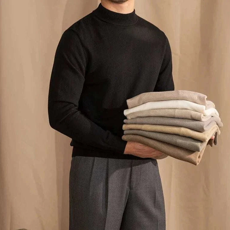 Antonios slim fit half-turtleneck sweater in black, 70% wool.