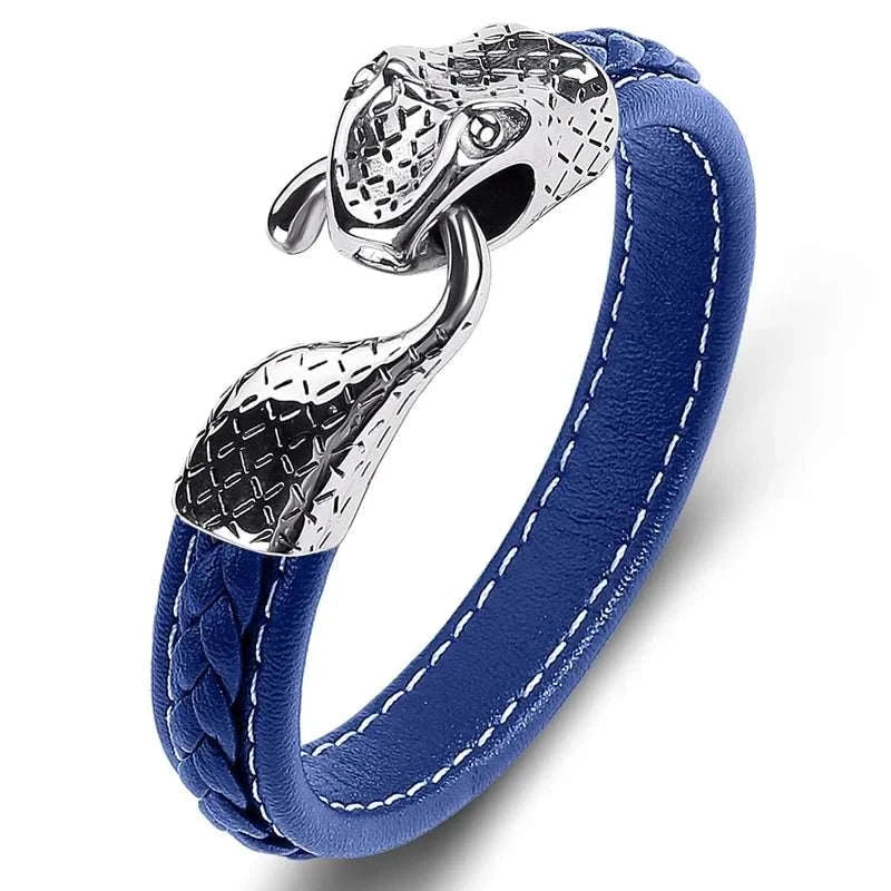 Stylish snake leather bracelet with stainless steel detailing for a sleek, durable look.