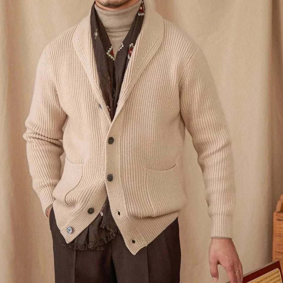 Classic men's Autumn Old Money Cardigan in warm wool, perfect for cozy fall style.