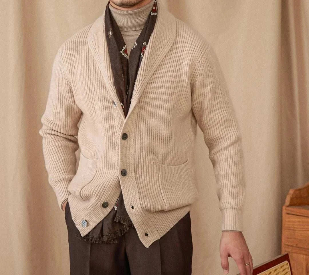 Classic men's Autumn Old Money Cardigan in warm wool, perfect for cozy fall style.