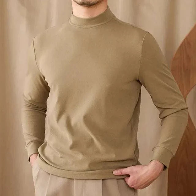 Soft half turtleneck sweater for men in beige, polyester, cozy and stylish.