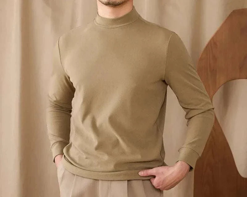 Soft half turtleneck sweater for men in beige, polyester, cozy and stylish.