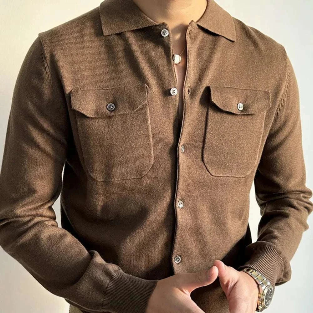 Men's fall season retro jacket in brown, wool and polyester blend, front view.