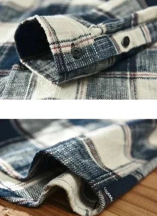 Close-up of Antonios pure cotton summer shirt in plaid pattern, showcasing fabric texture and cuff details.