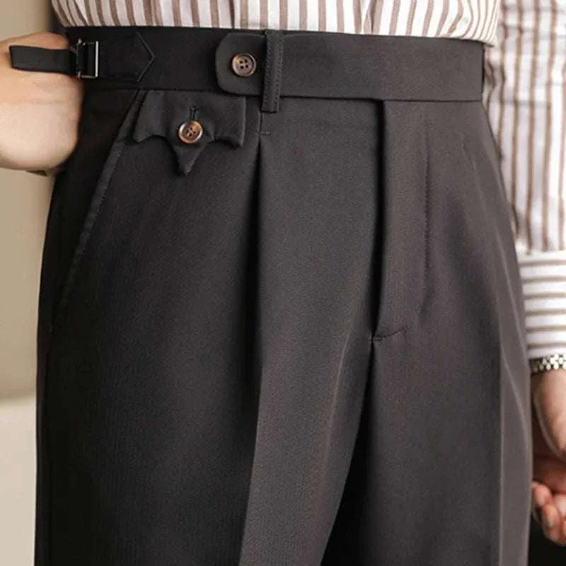 British outfit elegant trousers in black, full-length, made from premium materials for casual or elegant men's wear.