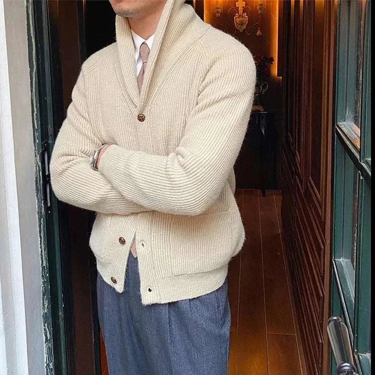 Oxford premium cardigan in solid light color worn by a man, showcasing casual and elegant style.