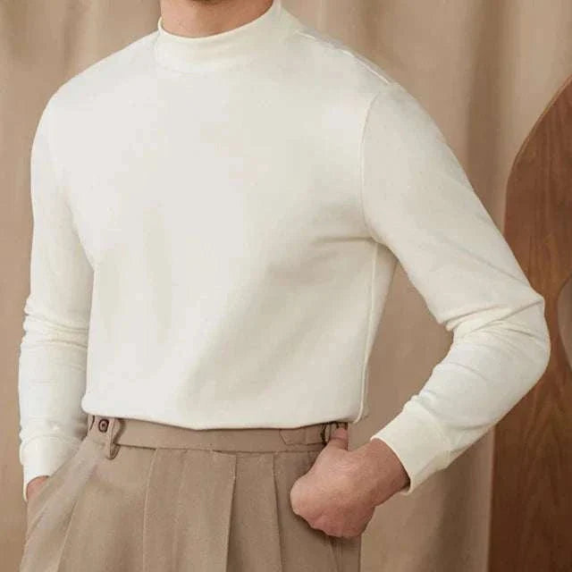 Soft half turtleneck sweater for men in polyester, beige style.