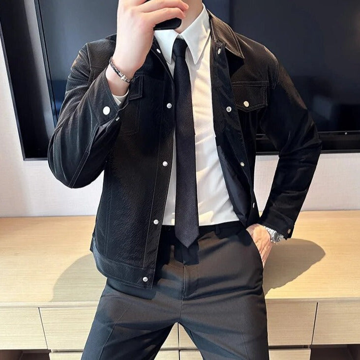 Men's CLASSY jacket made from eco-leather, perfect for casual and elegant styles, available in Coffee and Black.