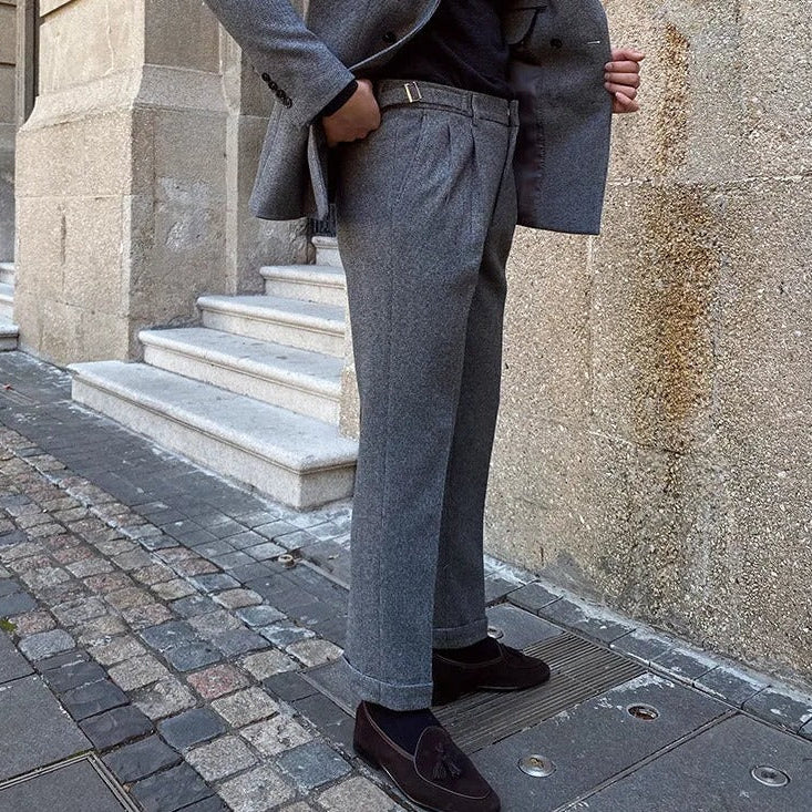 Office Double Breasted Suit in gray, showcasing Italian style and sophisticated design for formal occasions.