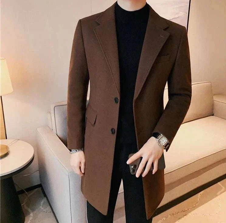 Elegant slim fit suit coat in brown, ideal for autumn and winter warmth.