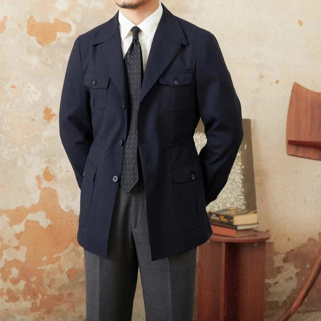 Men's Autumn vintage old money coat in navy, stylish and elegant.