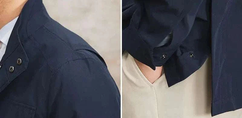 Close-up of a British Old Money Jacket in navy, featuring high-quality cotton material with button details, showcasing elegant and sophisticated design.