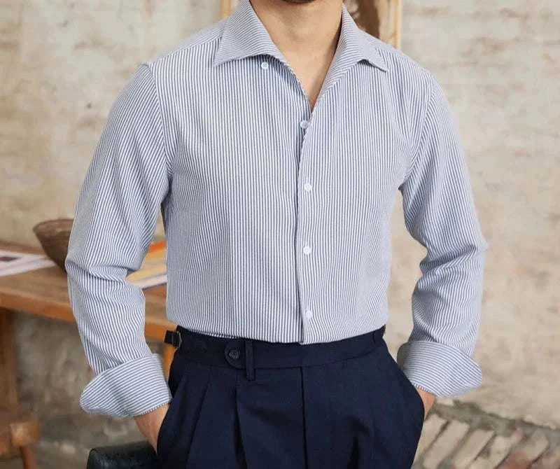 Vintage Italian long sleeve shirt, striped cotton fabric, men’s elegant style.