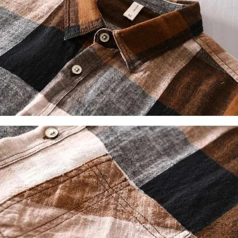 Linen-cotton plaid shirt with black, brown, and gray stripes, ideal for spring/summer style.