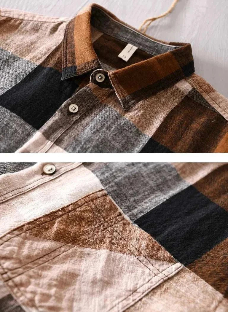 Linen-cotton plaid shirt with black, brown, and gray stripes, ideal for spring/summer style.