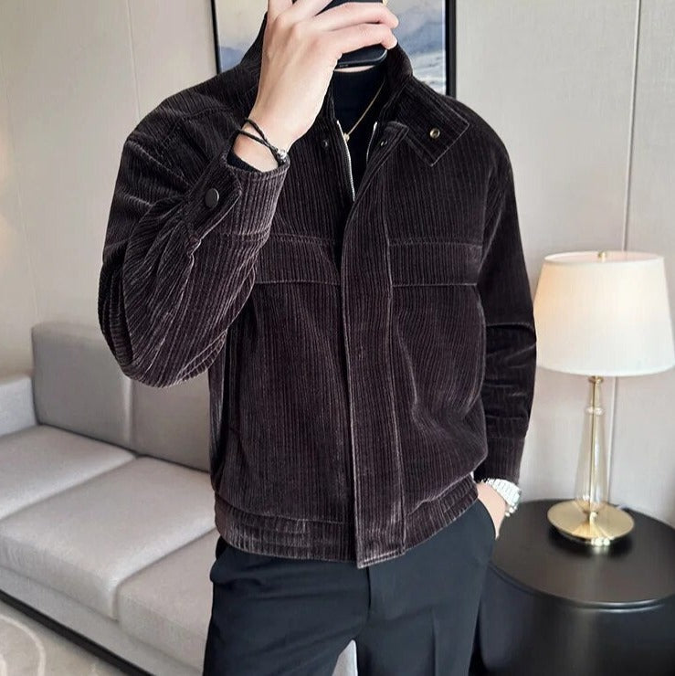 Men's black corduroy winter jacket, comfortable and stylish for all seasons.