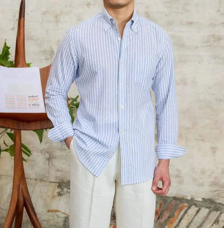 Antonios business striped long-sleeve shirt in blue and white, perfect for professional attire.