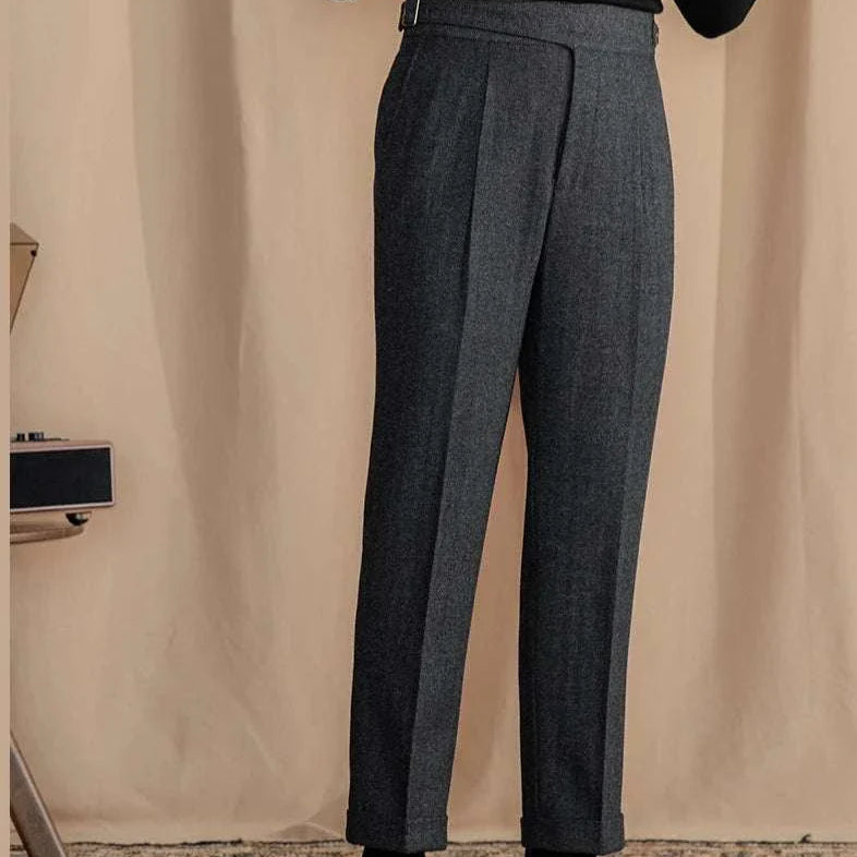 Antonios vintage wool herringbone pants, smart casual full-length style.