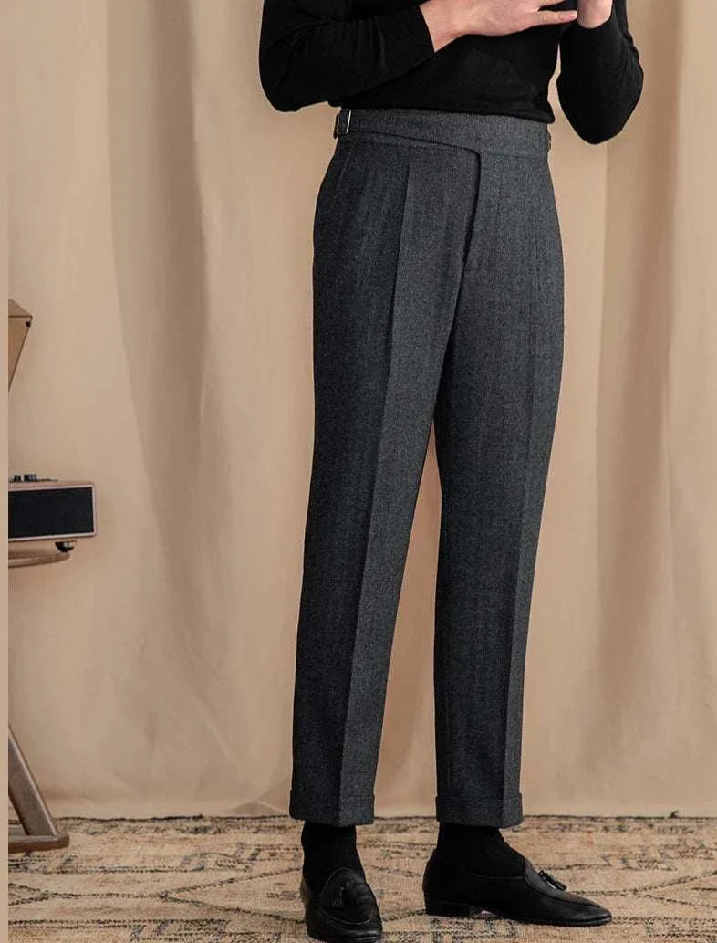 Antonios vintage wool herringbone pants, smart casual full-length style.