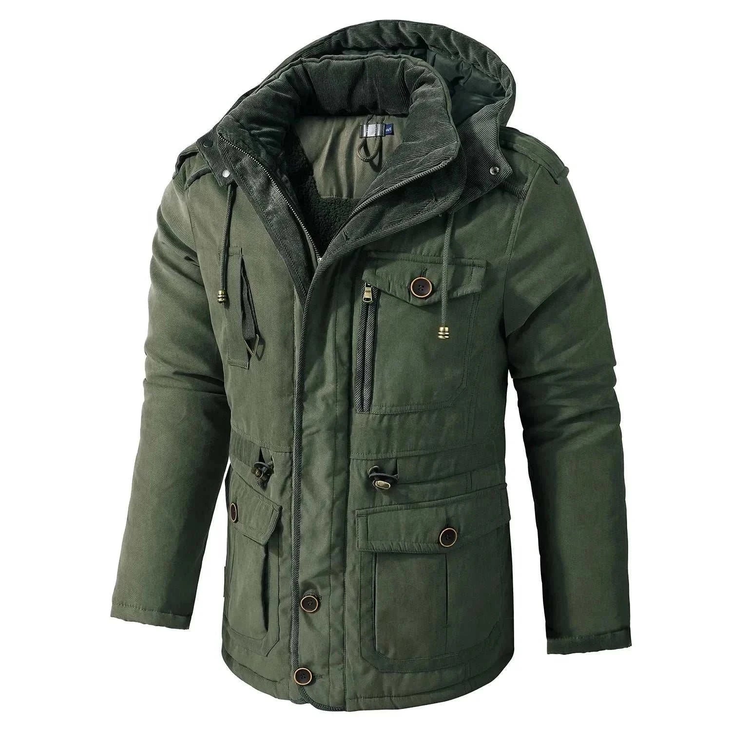 Men's thick windproof jacket in olive green, featuring a hood and multiple pockets, made of polyester and cotton for warmth and wind resistance.