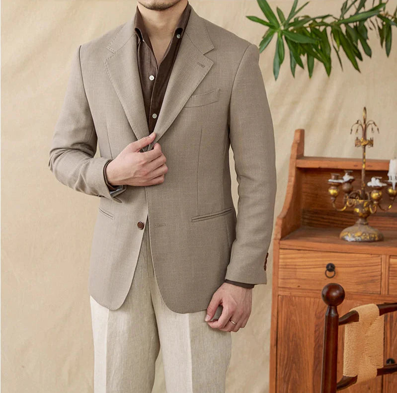 Men's business linen relaxation jacket in beige with stylish design for winter.