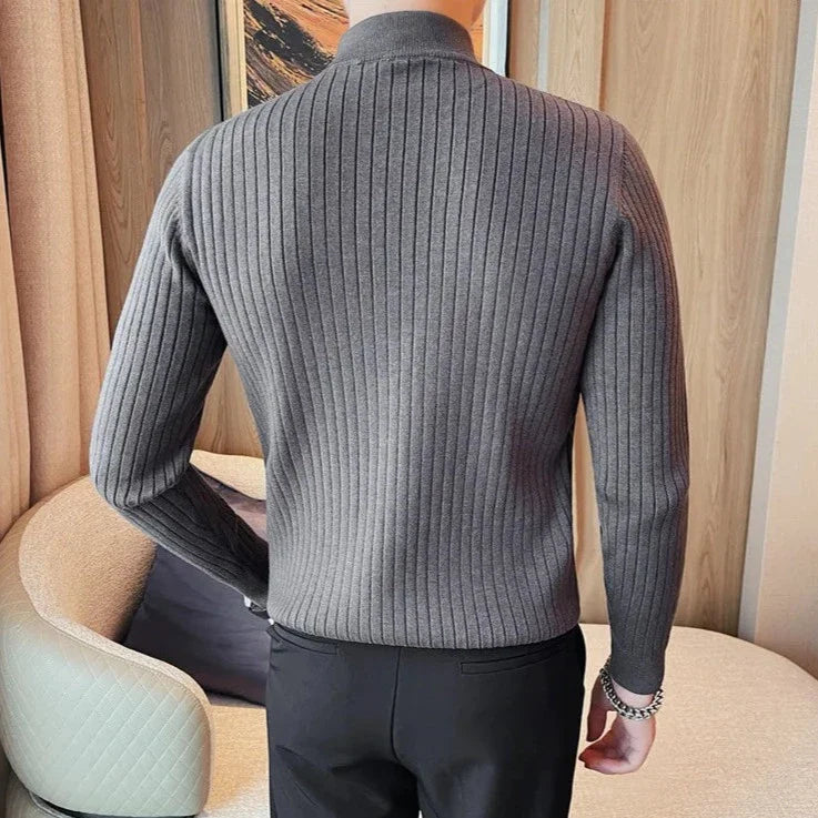PLUS zipper sweater in solid grey, elegantly casual for men, suitable for all seasons.