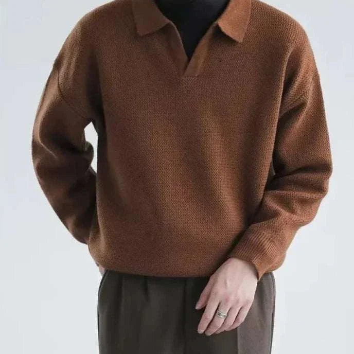 Korean baggy design sweater in brown, worn by a man.