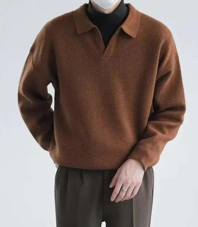 Korean baggy design sweater in brown, worn by a man.