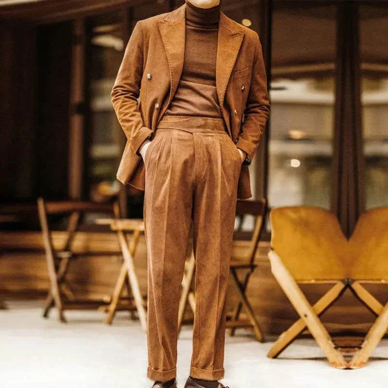 Wedding corduroy double breast suit for groom, high-quality polyester, elegant and stylish attire.