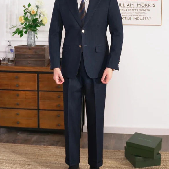 Business office Italian suit in navy, showcasing a classic and stylish design for work settings.