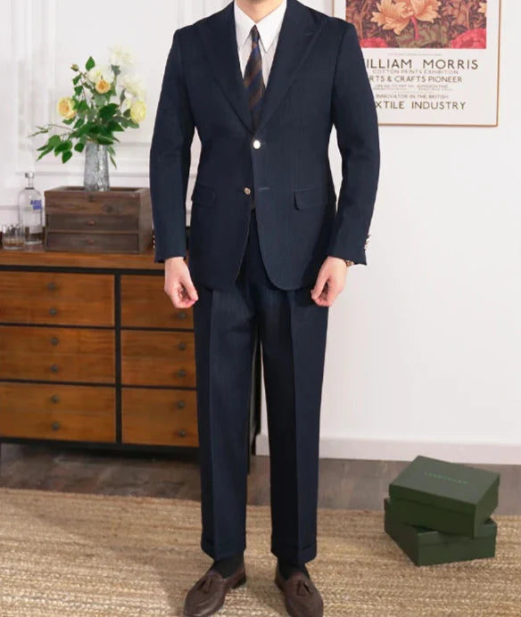 Business office Italian suit in navy, showcasing a classic and stylish design for work settings.