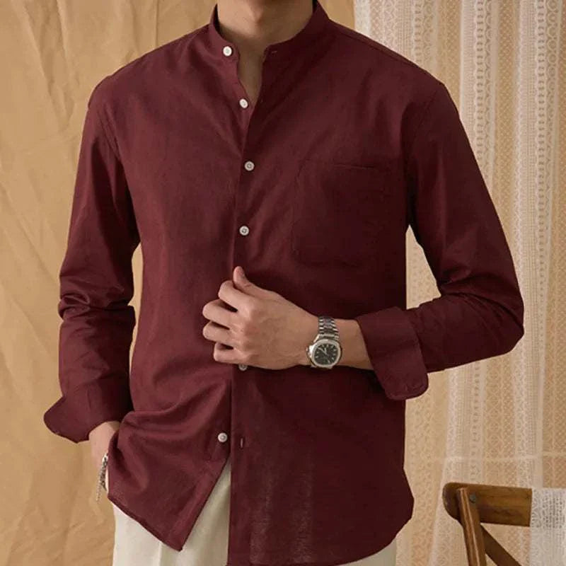Antonios cotton-linen long sleeve shirt for men in maroon, casual and breathable design.