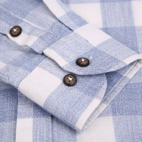 Maurice Plaid Shirt in blue and white, featuring buttoned cuffs and soft cotton-linen blend.