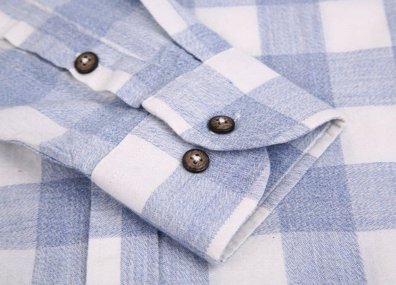 Maurice Plaid Shirt in blue and white, featuring buttoned cuffs and soft cotton-linen blend.
