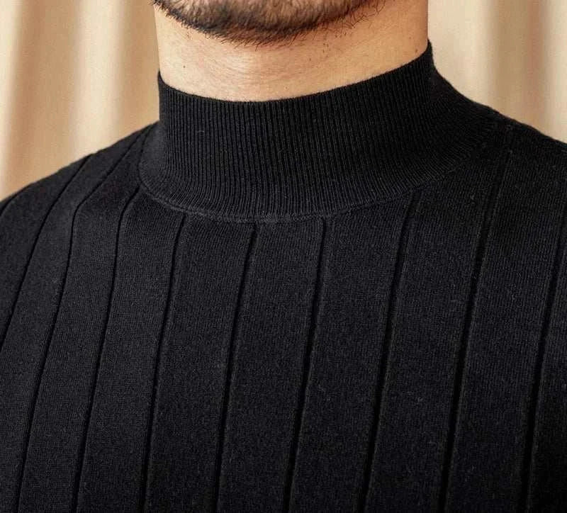 Autumn turtleneck premium sweater in black wool and acrylic blend for men, close-up view.