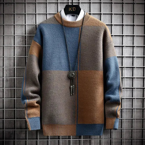 Norway sweater in solid color blocks, wool and polyester blend, casual and elegant style for men.