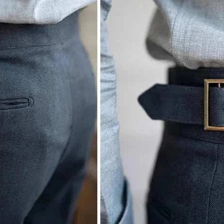 Parisian waist straight trousers in dark color with stylish belt and pocket detail.