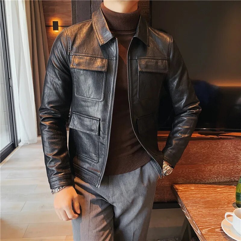 Men's black ECO leather jacket, casual elegant style, solid pattern.