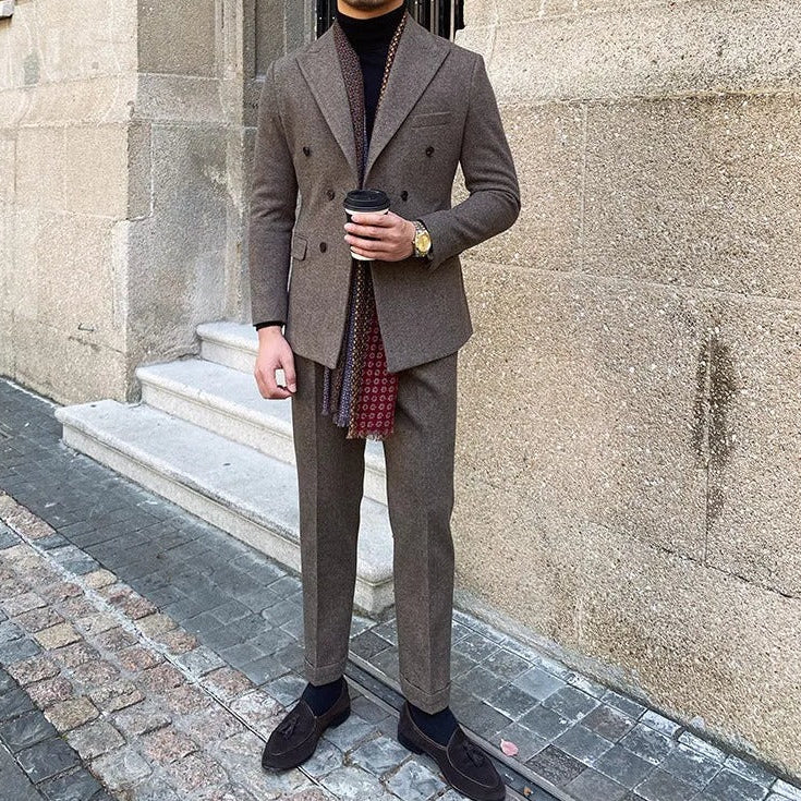 Office double breasted suit for men in elegant Italian style, displayed outdoors for formal occasions.