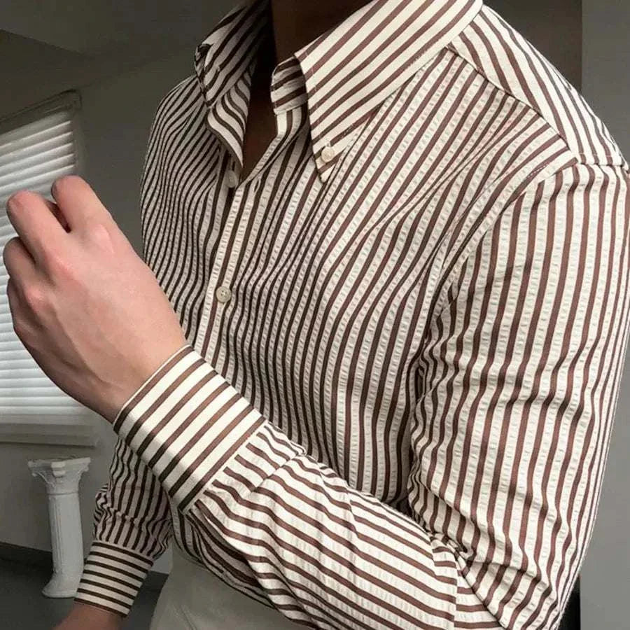 Antonios formal striped long sleeve shirt for men, brown and white stripes, cotton-polyester blend.