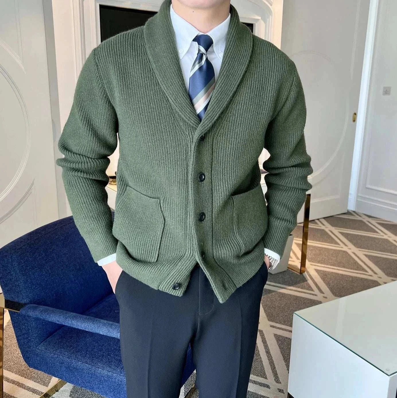 Men's fall season casual cardigan in green, lightweight acrylic, stylish and warm.